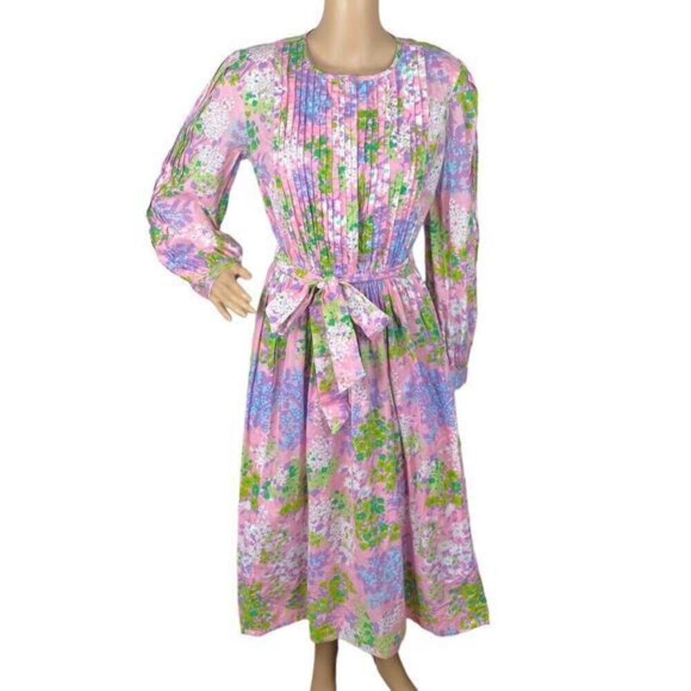 Vintage 60s Star of Siam Jeanoel Haxo Cotton Floral Pintuck Midi Dress S/M
